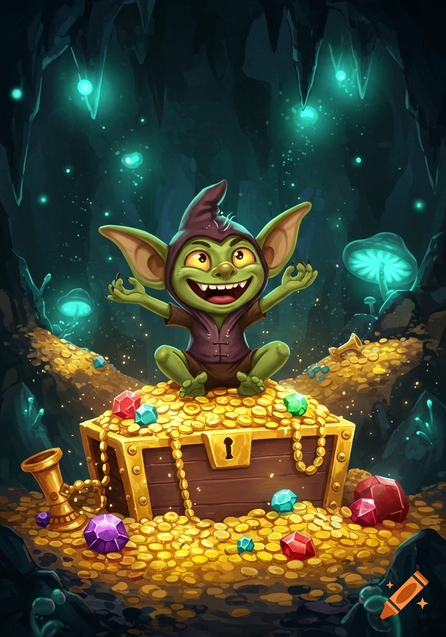 A grinning cartoon goblin sits triumphantly on a golden treasure chest overflowing with coins and gems in a glowing cave.
