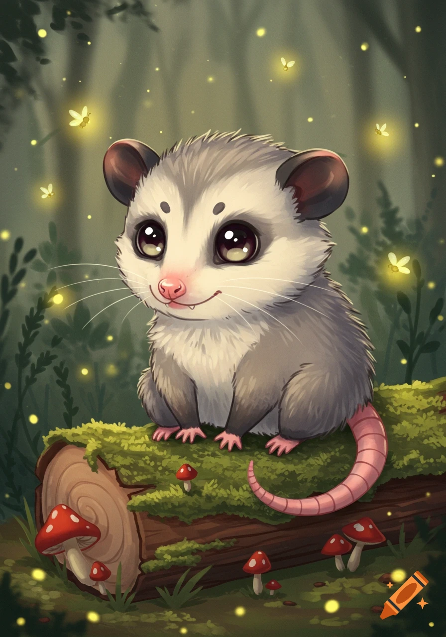 A cute chibi opossum with large eyes sits on a mossy log among red mushrooms and glowing fireflies in a magical forest.