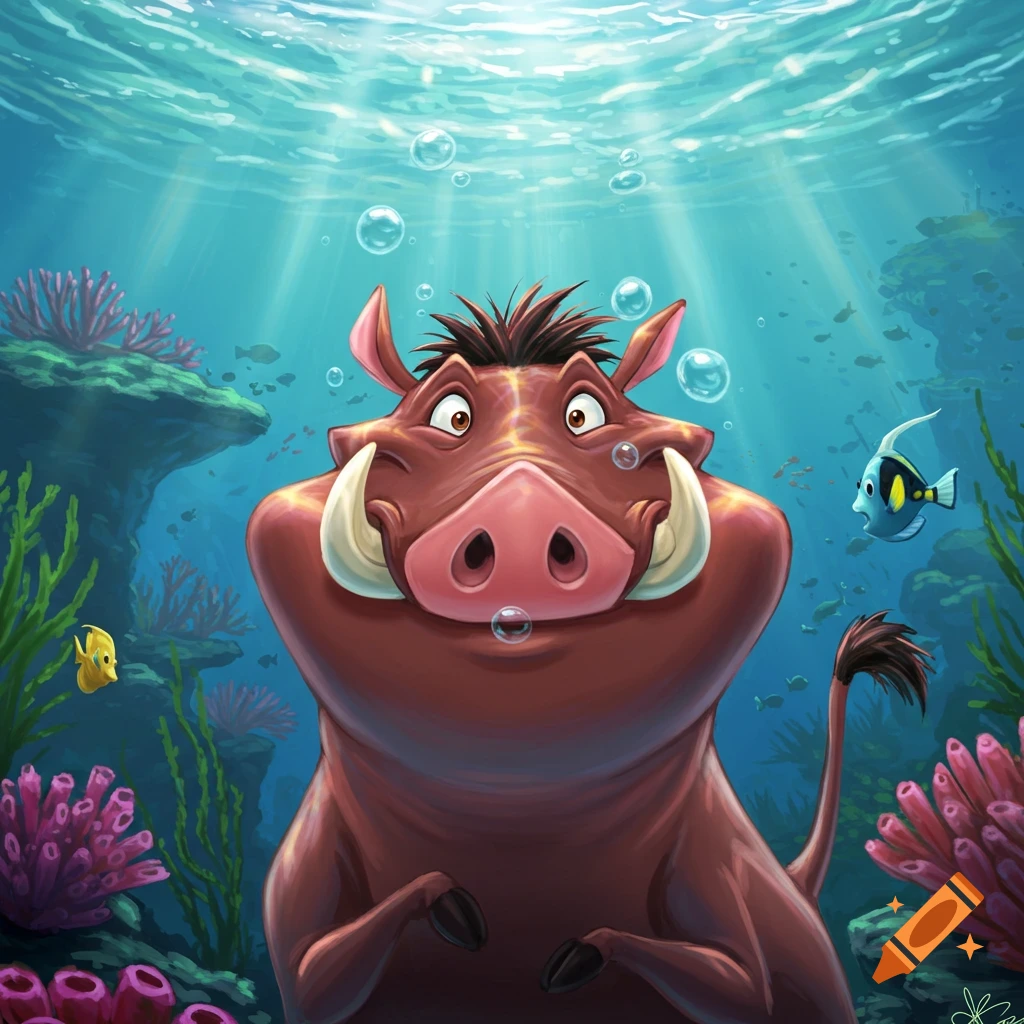Cartoon Pumbaa the warthog underwater, wide-eyed with bubbles from his snout, in a vibrant coral reef with fish.