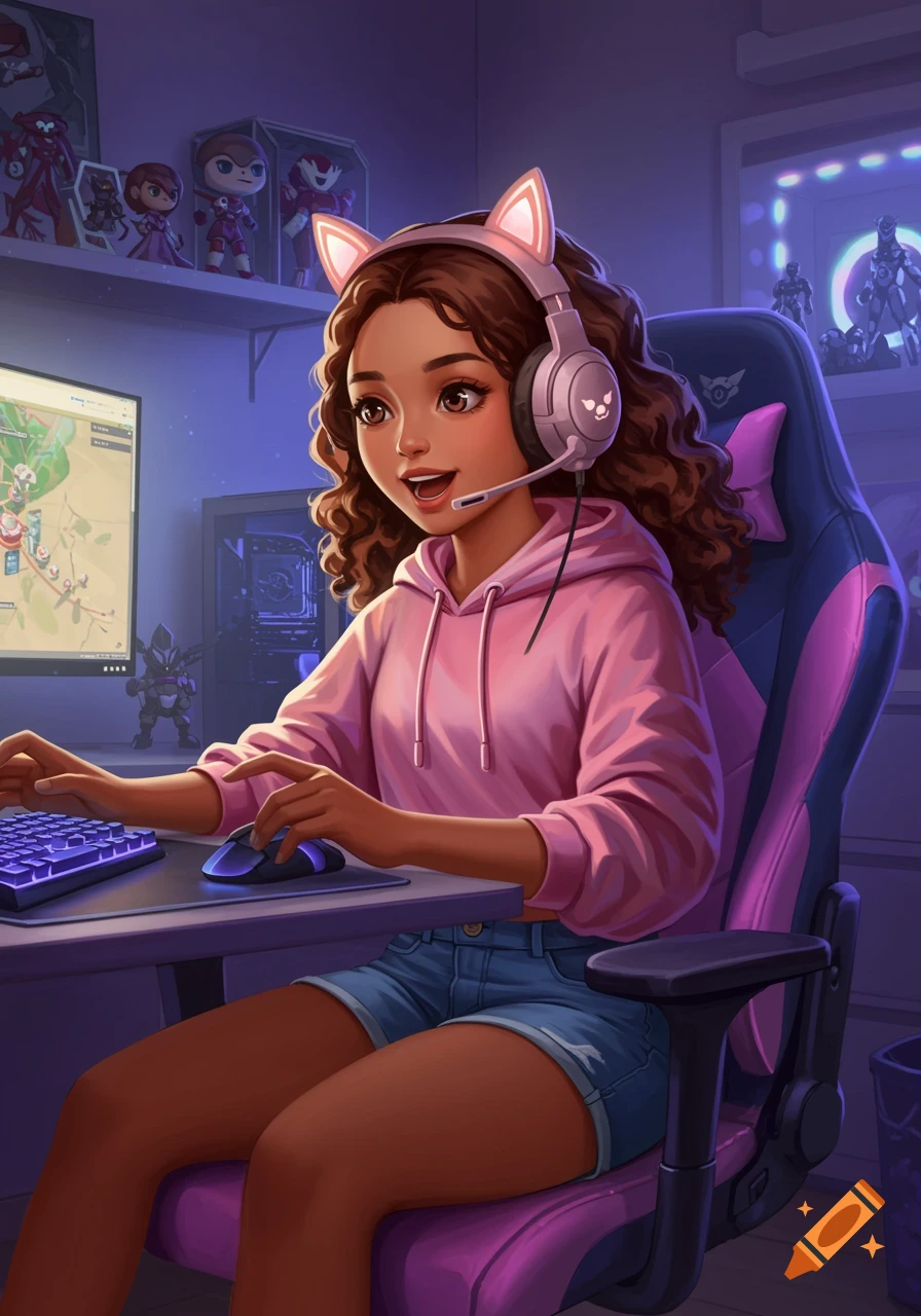 A cute, light-skinned girl with curly brown hair wearing a pink hoodie and cat-ear headphones, smiling while playing a video game at a desk in a purple-lit room.