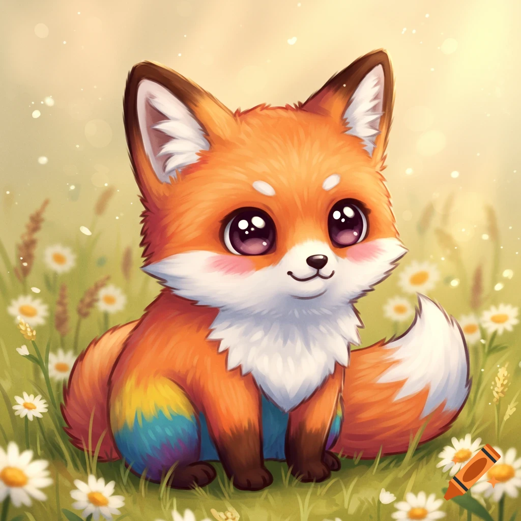 A cute chibi fox with a rainbow-colored hind leg sits in a field of white daisies.