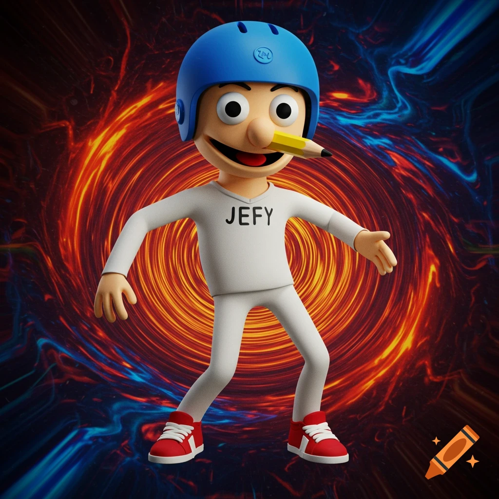 A 3D cartoon puppet named Jefy wearing a blue helmet, a white shirt, and red shoes, with a pencil in his nose, stands against a swirling orange and blue background.