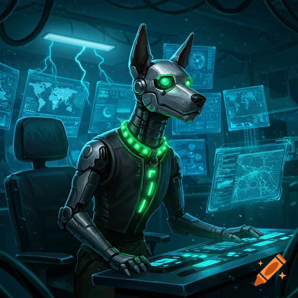A futuristic robot dog with glowing green eyes and collar operates a computer in a neon-lit control room with data screens.