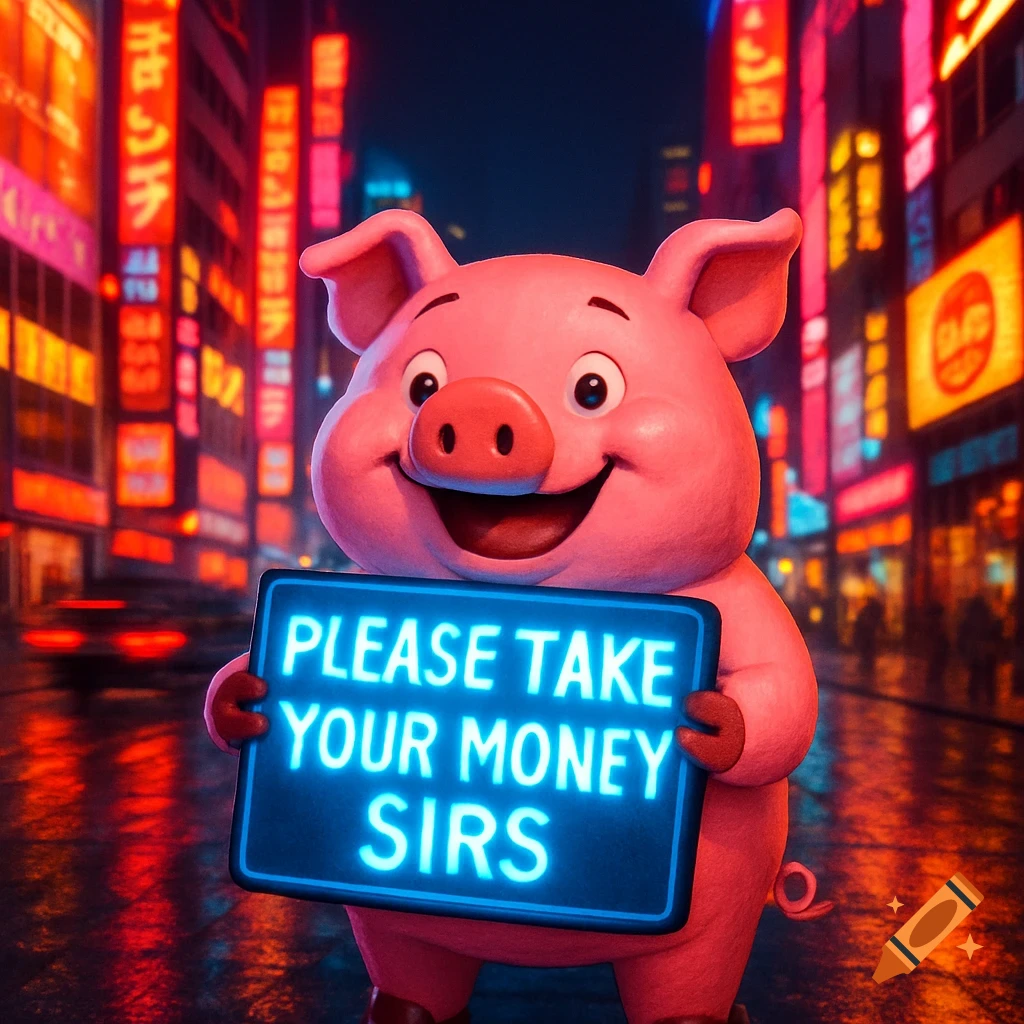 A cheerful cartoon pig holds a glowing neon sign reading 'PLEASE TAKE YOUR MONEY SIRS' on a rainy city street at night.