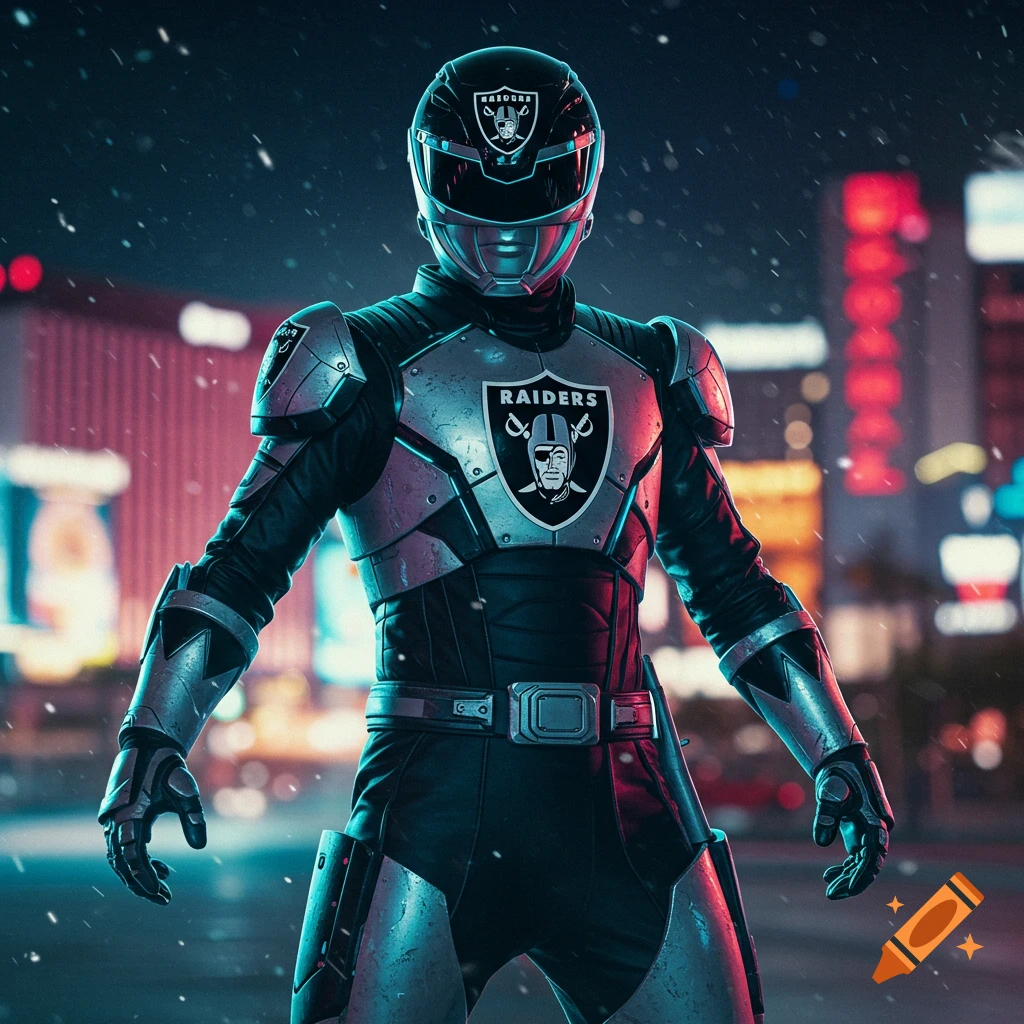 A futuristic Las Vegas Raiders-themed Power Ranger in a black and silver armored suit stands in a neon-lit city at night with falling snow.
