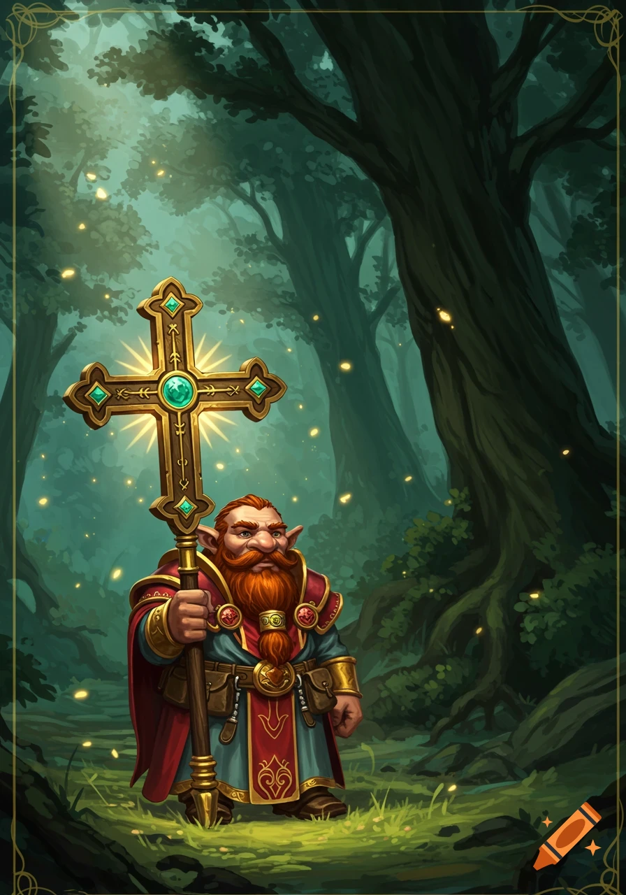 A red-bearded gnome cleric in a forest holds a glowing ornate golden cross with emeralds.