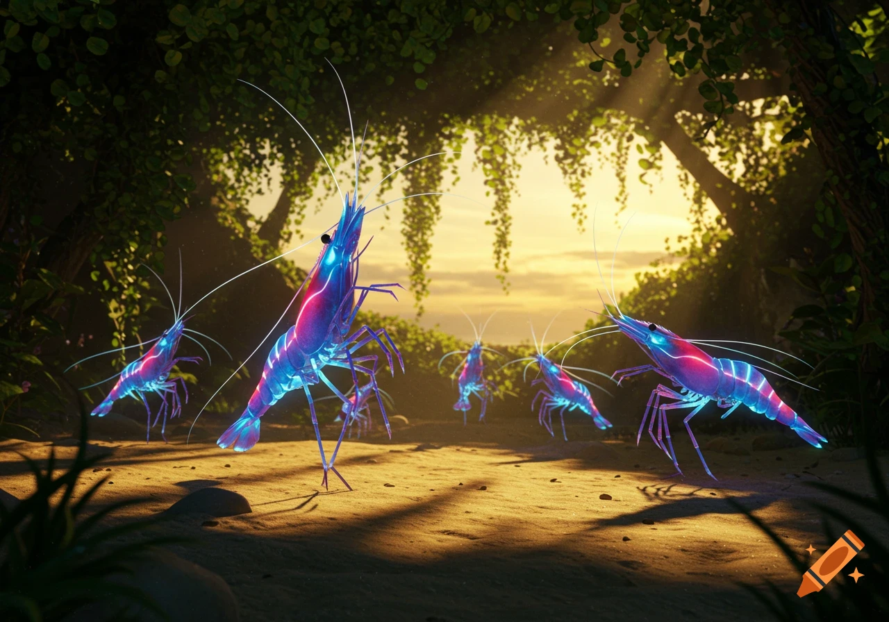 Bioluminescent rainbow shrimp stand bipedally on sandy ground in a lush, sun-dappled jungle setting.