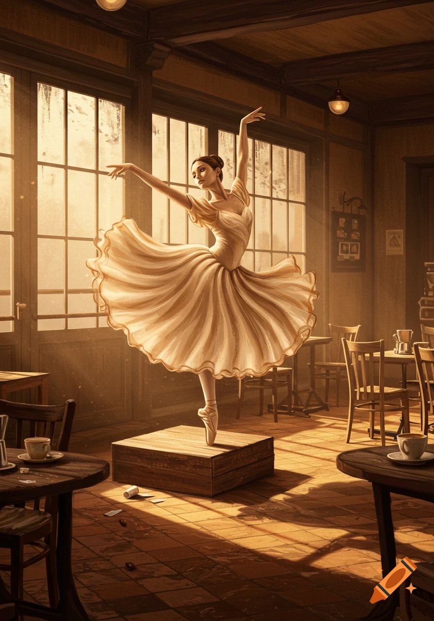 A graceful ballerina dances en pointe on a wooden box in a warmly lit, vintage cafe, bathed in golden light from large windows.