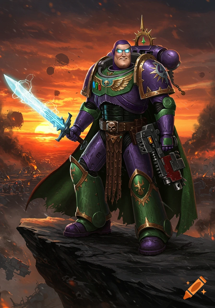 Buzz Lightyear as a Warhammer 40k Space Marine, armored, holding a glowing sword and gun, on a cliff overlooking a battle at sunset.