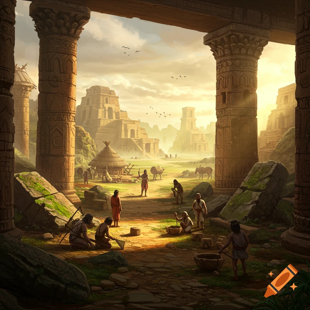 Ancient civilization scene with people working in a village, surrounded by massive stone pillars and distant pyramids at sunset.