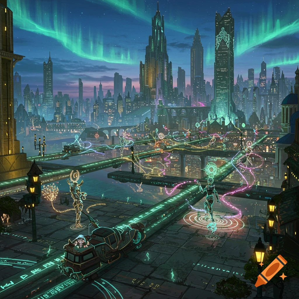 A vibrant futuristic city at night, with glowing green and purple lights, intricate architecture, and an aurora borealis in the sky.