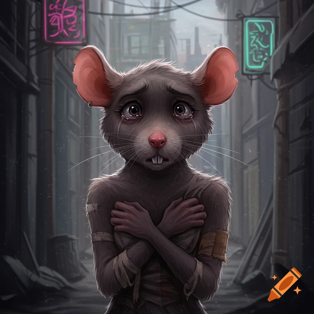 A crying, anthropomorphic rat, wrapped in rags, stands in a dark, grimy alley with blurred neon signs in the background.