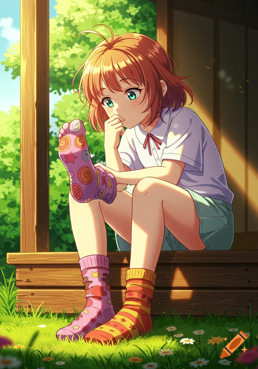 An anime girl sits on a wooden step outdoors, holding her sock-clad foot near her face, in a sunny scene with grass and trees.