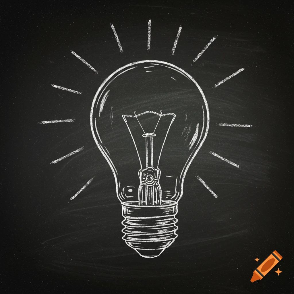 A white chalk drawing of an illuminated lightbulb on a black background.
