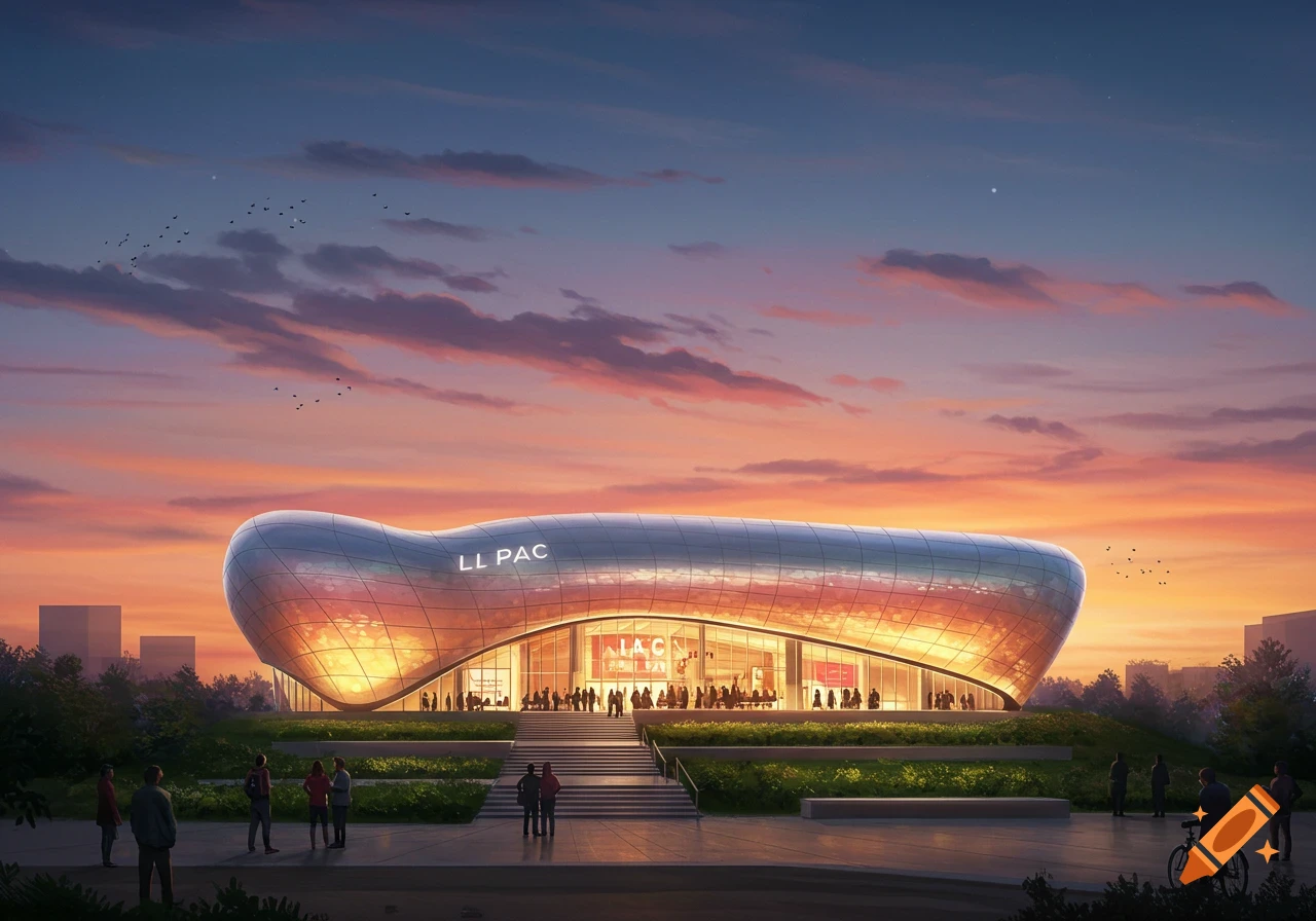 Modern, curved, metallic building with glass facade at sunset, featuring people on steps and a vibrant sky.