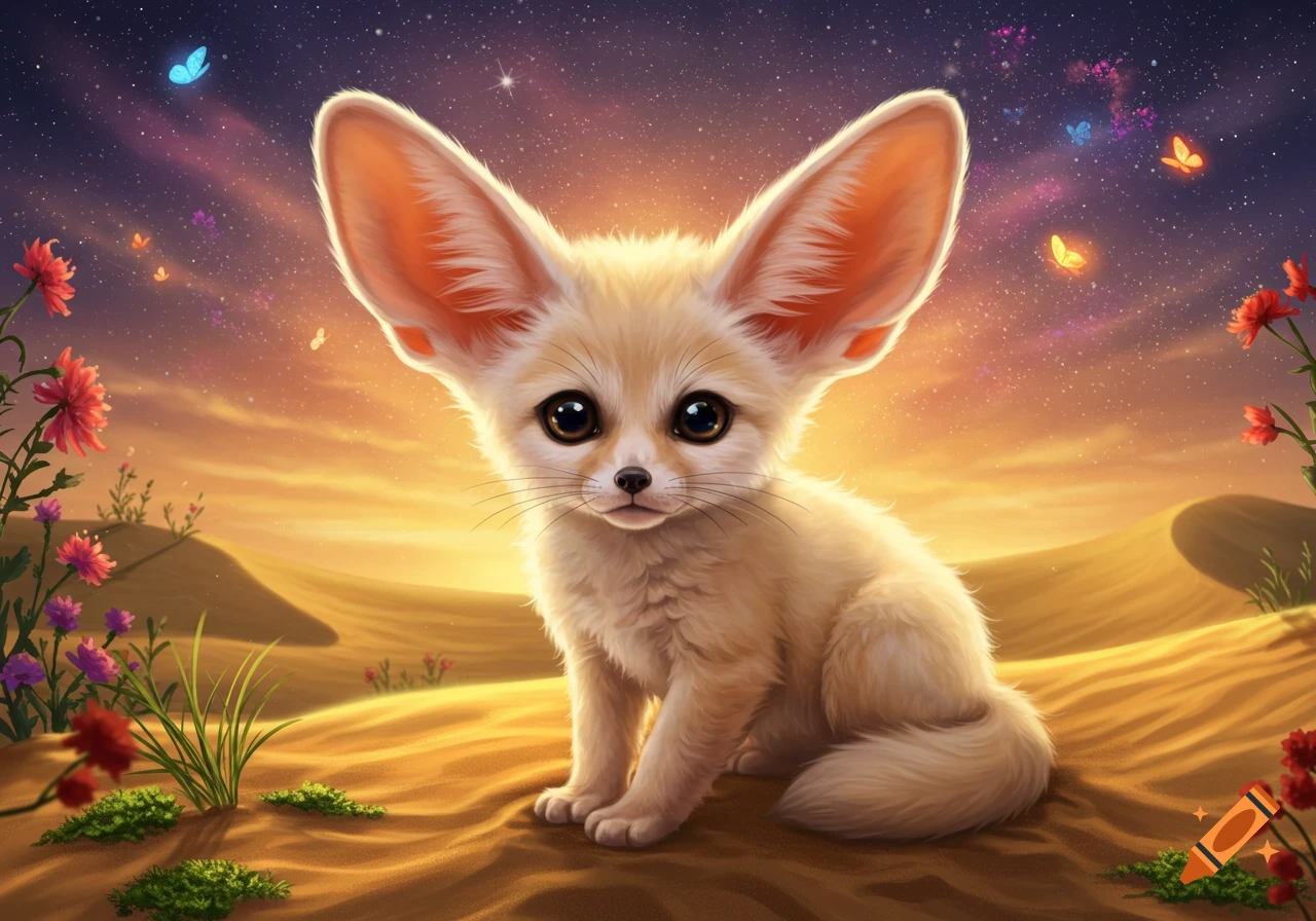 A whimsical digital illustration of a fennec fox kit in a desert at sunset with a starry sky, flowers, and butterflies.