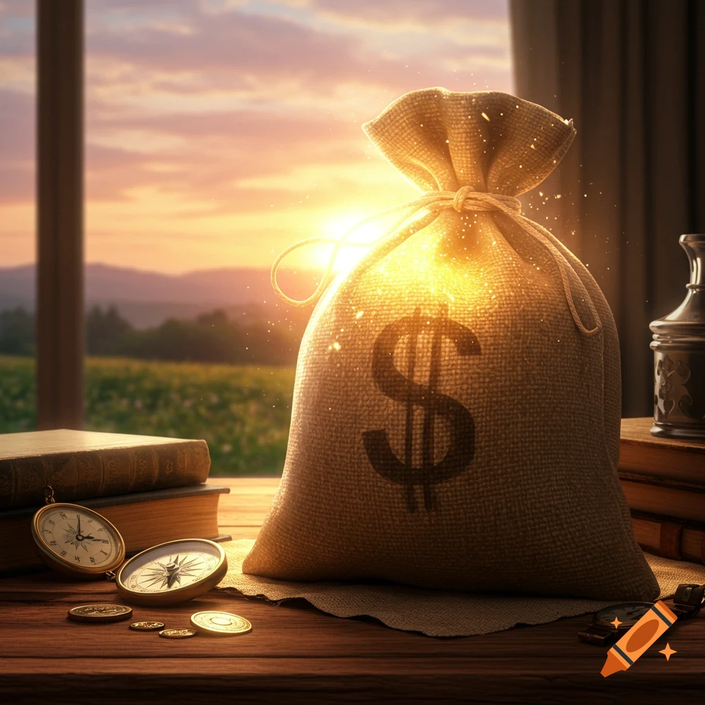 A glowing burlap money bag with a dollar sign sits on a wooden table with books and compasses, against a sunset window.