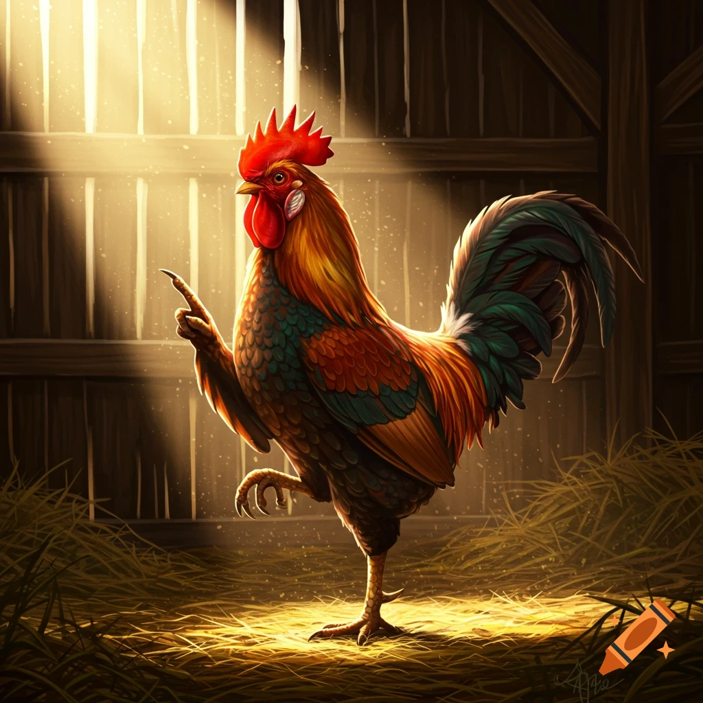 A colorful rooster with a human-like hand pointing upwards, standing on one leg in a hay-filled barn with bright sunlight streaming in.