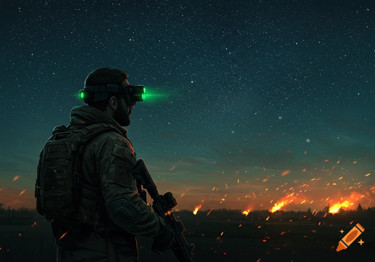 A modern soldier in tactical gear and night vision goggles looks up at a starry night sky, with distant fires burning on the horizon.