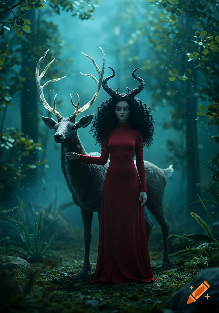 A dark fantasy woman with curly black hair and horns, wearing a red dress, stands with a deer in a misty forest.