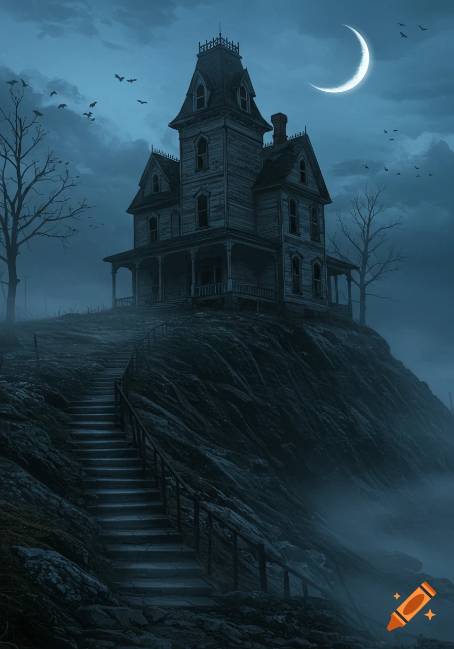 A spooky gothic haunted house atop a misty rocky hill under a crescent moon with flying bats.