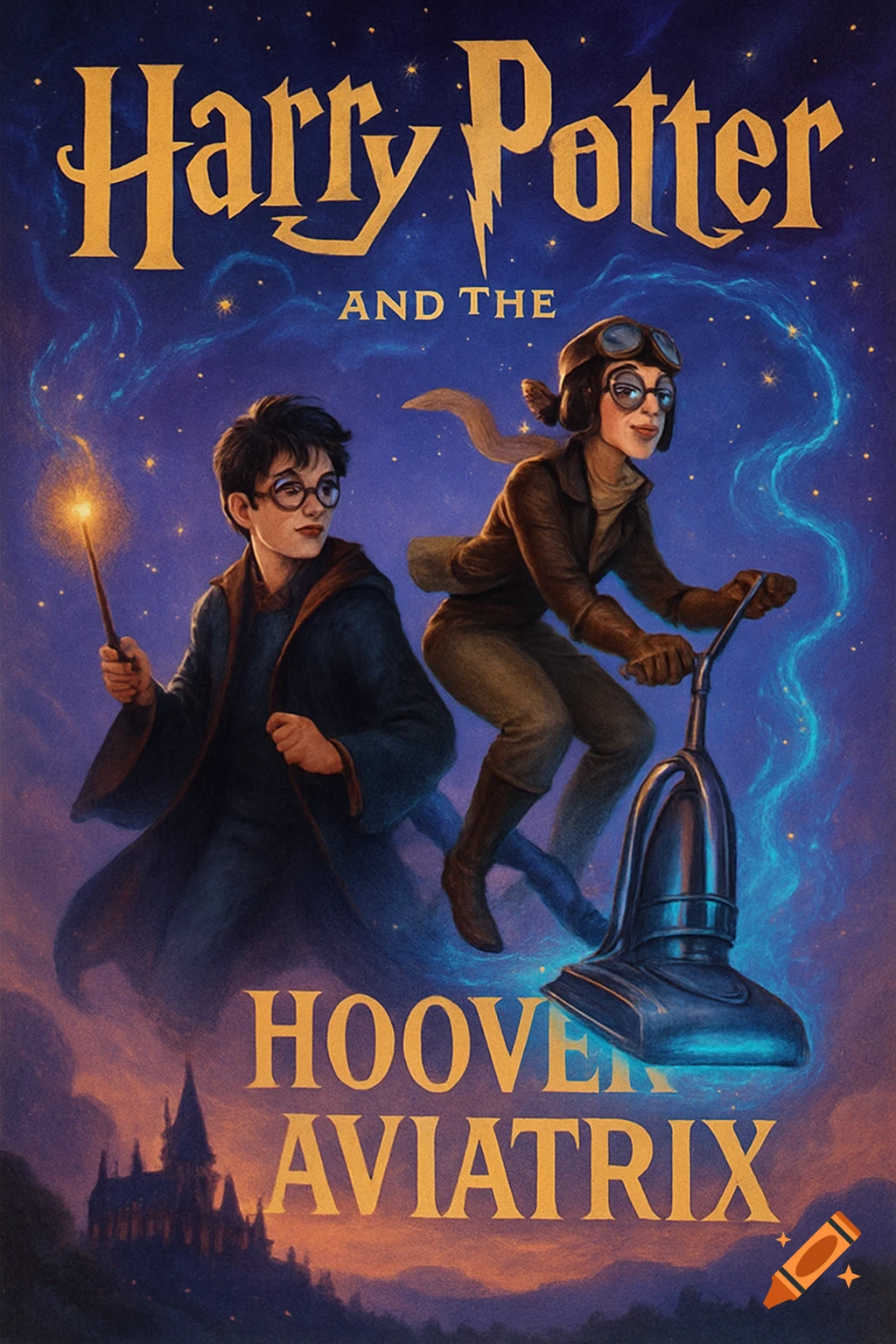 Illustrated book cover: Harry Potter with a wand and an aviator girl flying a vacuum cleaner in a starry sky. Title is prominent.