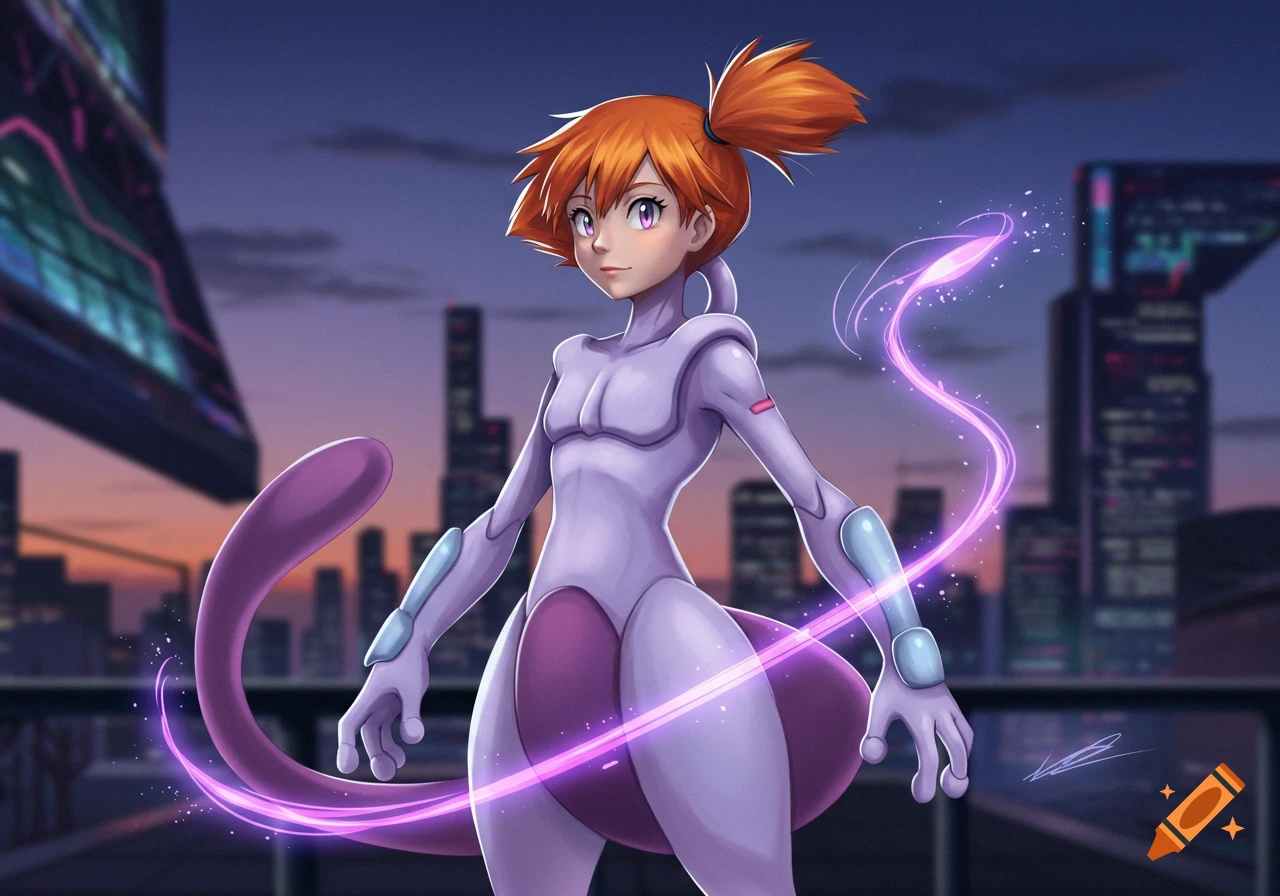 Misty from Pokemon dressed as Mewtwo, standing in a futuristic city at dusk, with purple energy effects.