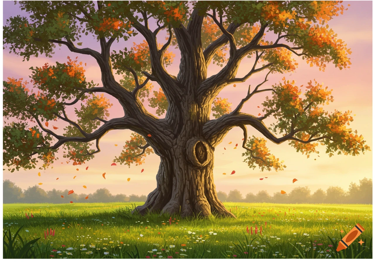 A vibrant illustration of a majestic old tree with autumn leaves in a green field under a colorful sunset sky.
