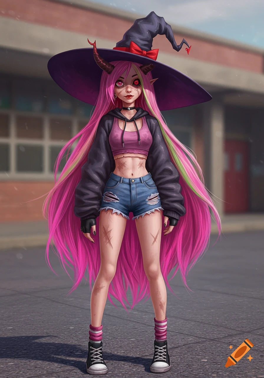 Stylized illustration of a witch-like girl with long pink and purple hair, horns, a witch hat, crop top, hoodie, ripped shorts, and sneakers.