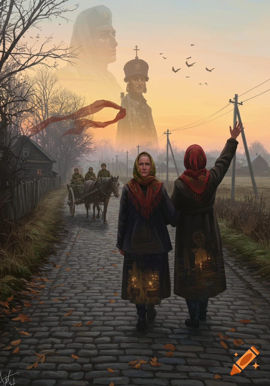 Digital painting: Two women in headscarves wave goodbye to soldiers on a horse cart in a rural village at sunset, with ethereal figures in the sky.