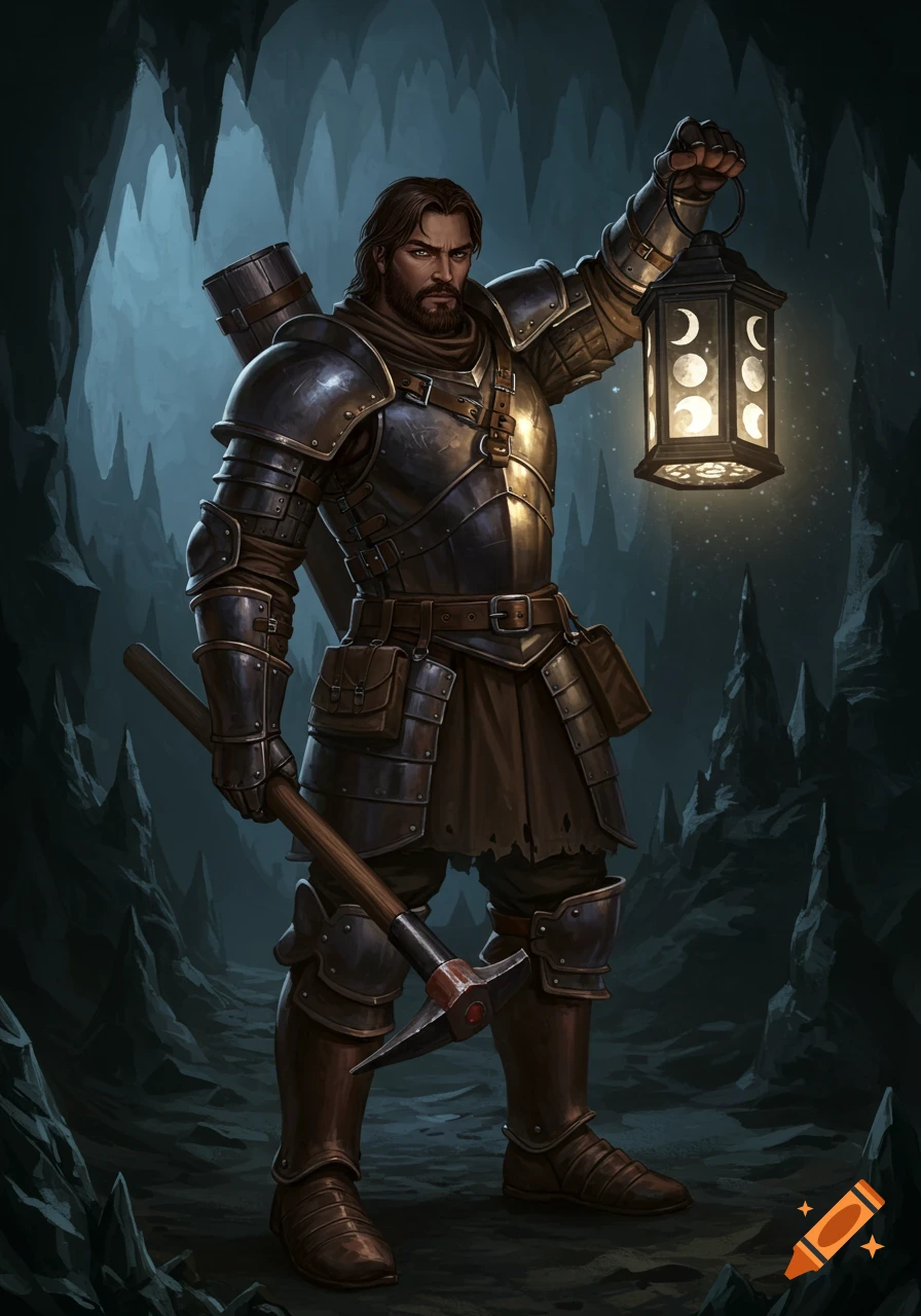 A bearded human male in plate armor holds a glowing lantern with moon patterns and a pickaxe in a dark, rocky cave.