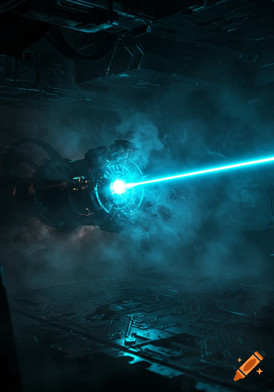 A futuristic device emits a bright blue laser beam through smoke in a dark, high-tech environment.