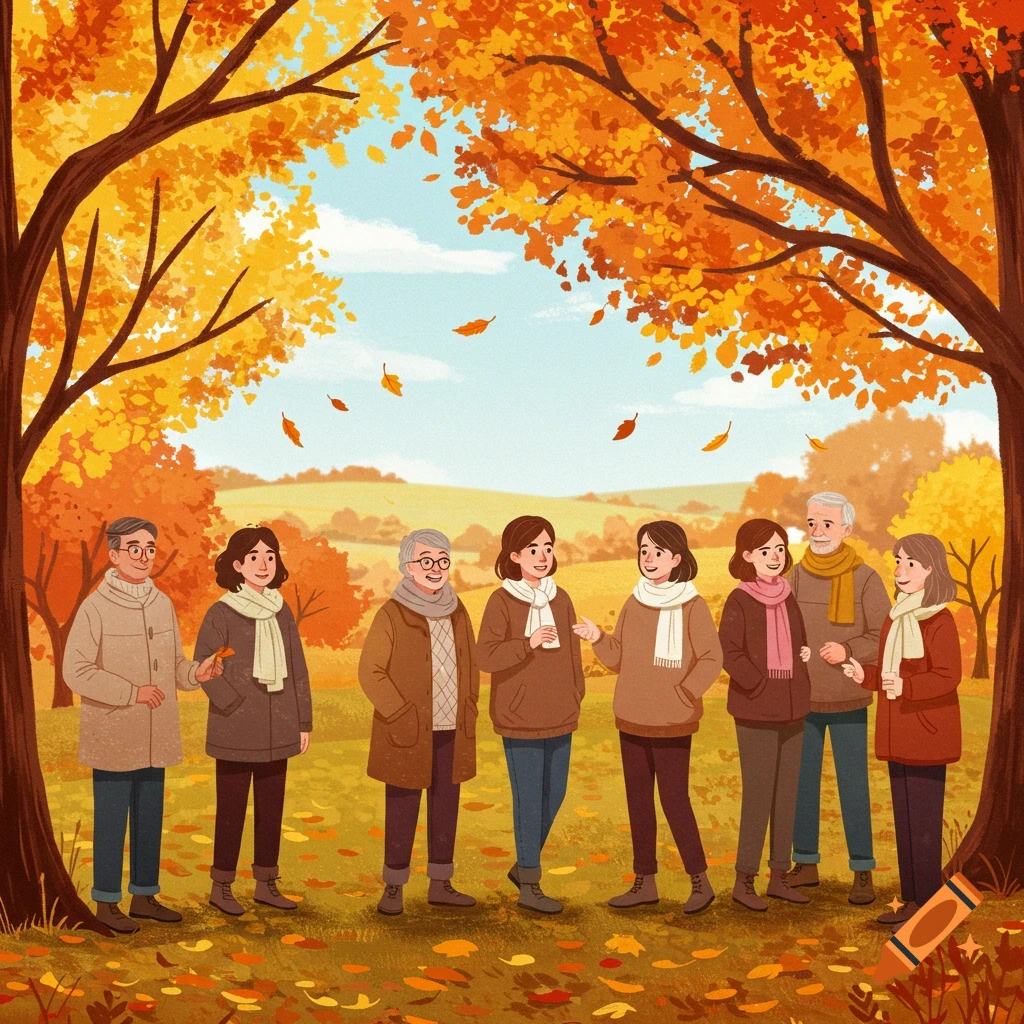 Illustrated scene of a group of adults standing together under vibrant autumn trees with fallen leaves on the ground.