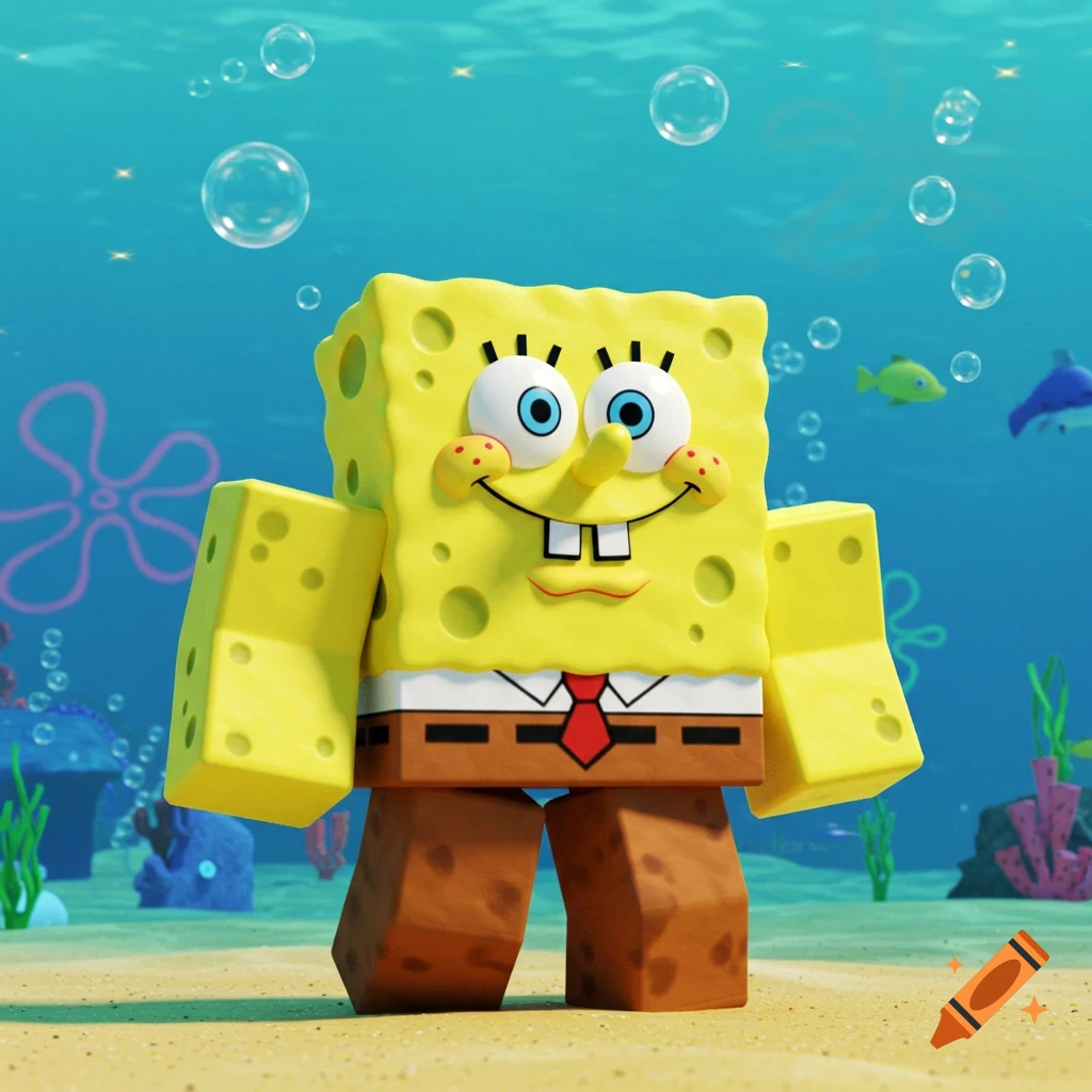 A blocky, Roblox-style Spongebob character stands on a sandy seabed underwater with bubbles and fish.