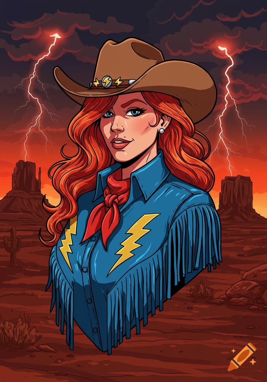 Bold animated portrait of a confident cowgirl with red hair, blue fringed jacket, and cowboy hat against a stormy desert with lightning.