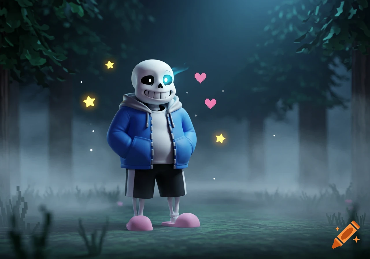 3D render of Sans from Undertale in a misty forest with glowing yellow stars and pink pixel hearts.