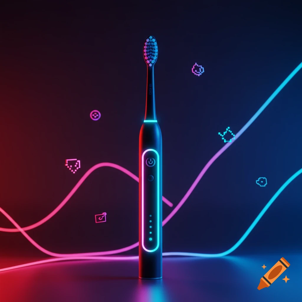 A black electric toothbrush with neon pink and blue RGB lighting on a dark background, surrounded by pixel art gaming icons.