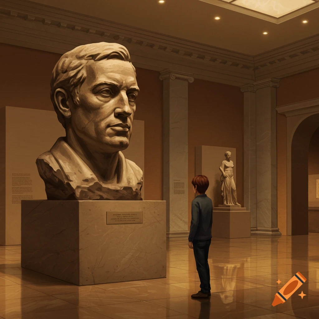 A boy stands in a dimly lit museum, looking at a large bust statue on a pedestal, with other sculptures in the background. Digital art style.
