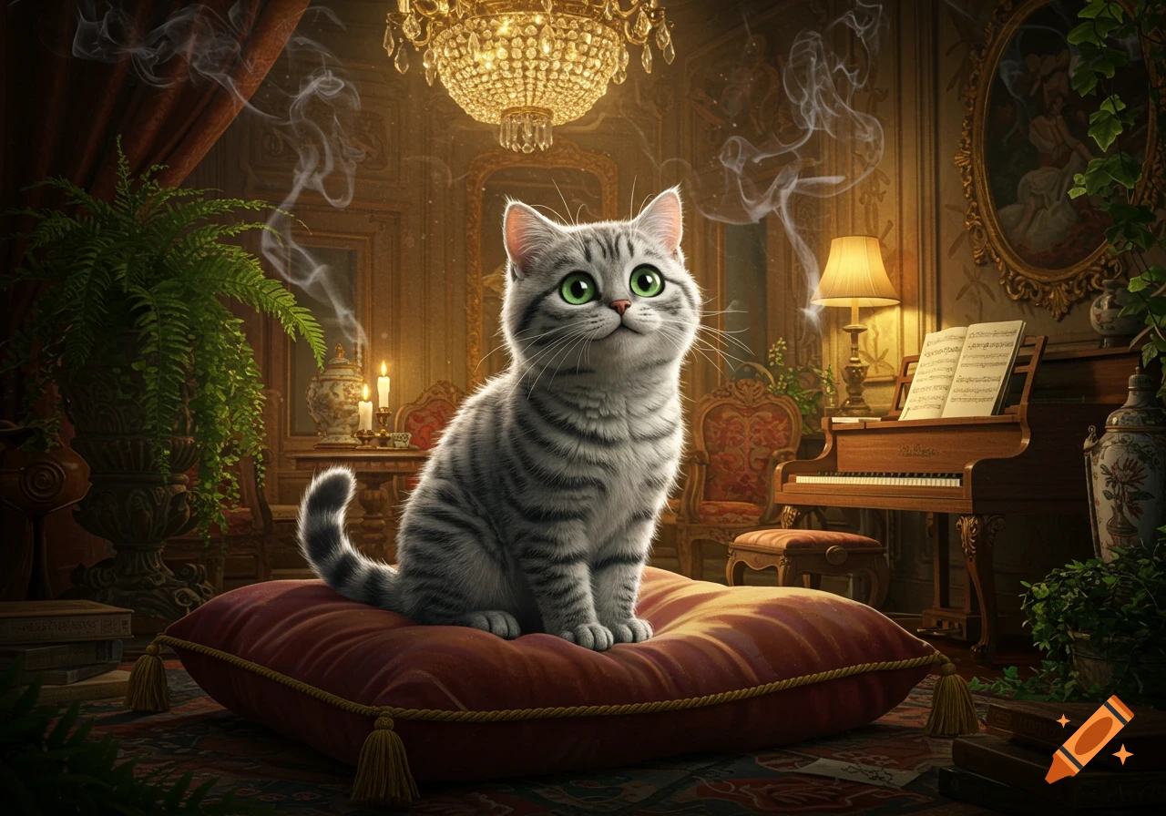 A cute grey tabby cat with big green eyes sits on a red velvet pillow in a lavish, ornate room with a chandelier, piano, and plants.