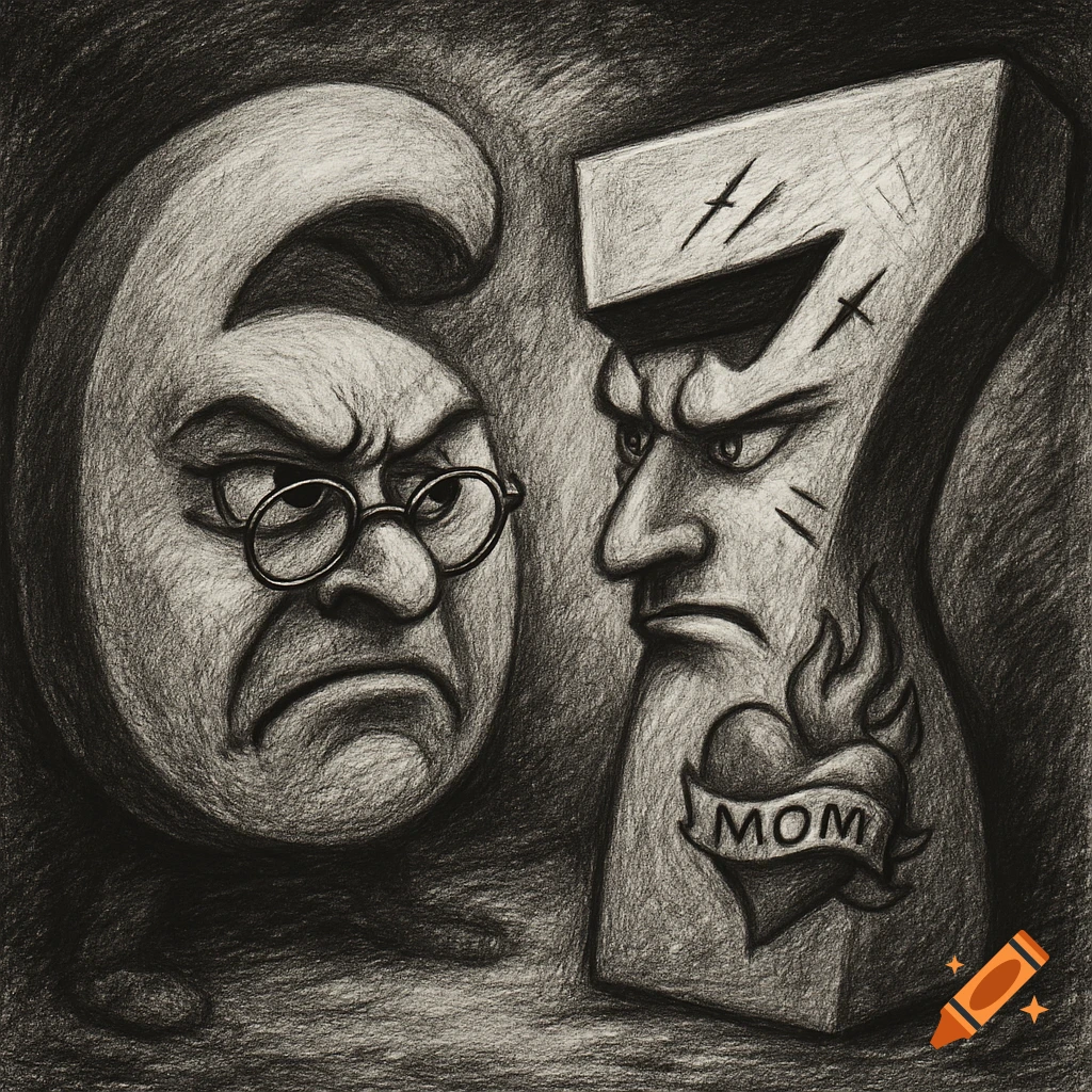 A detailed black and white pencil drawing of an angry number 6 wearing glasses confronting an angry number 7 with scars and a 'MOM' tattoo.