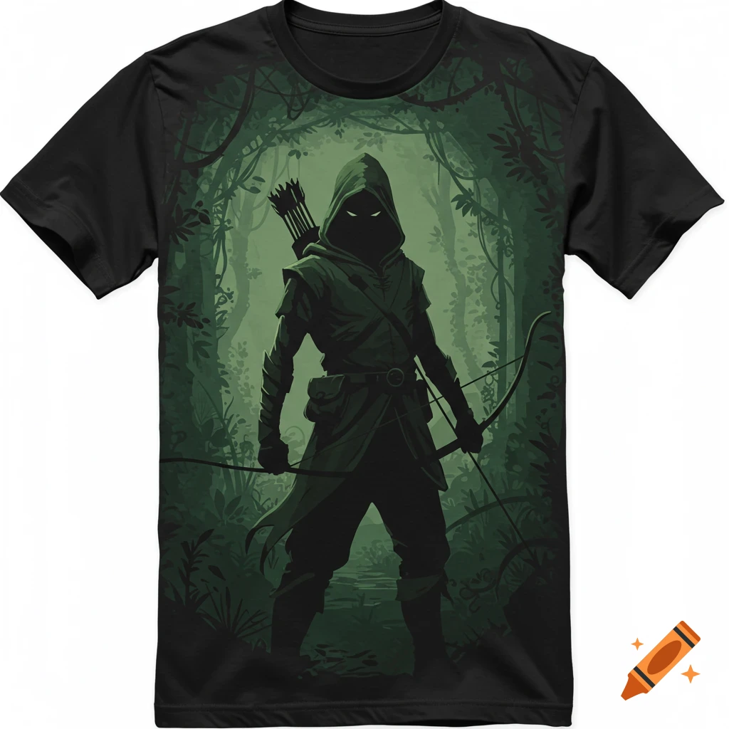 Stylized illustration of a dark, hooded archer with bow and quiver in a deep green forest, printed on a black t-shirt.
