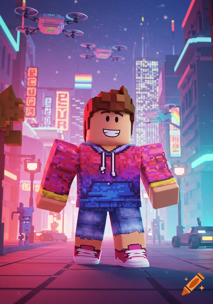 A Roblox-style character in a pixelated hoodie and shorts stands in a futuristic city with neon lights and drones flying above.