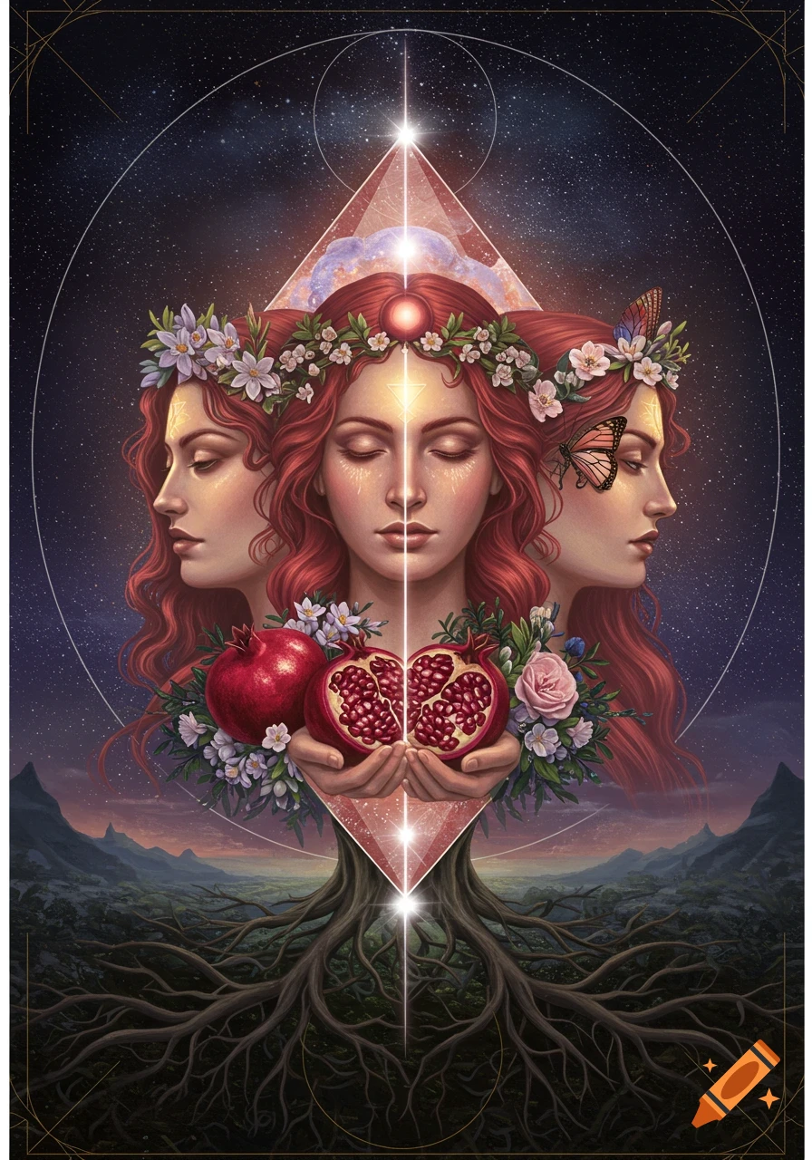 Luminous, surreal art of a three-faced goddess with red hair, flower crowns, holding a pomegranate, cosmic sky and earthy roots.