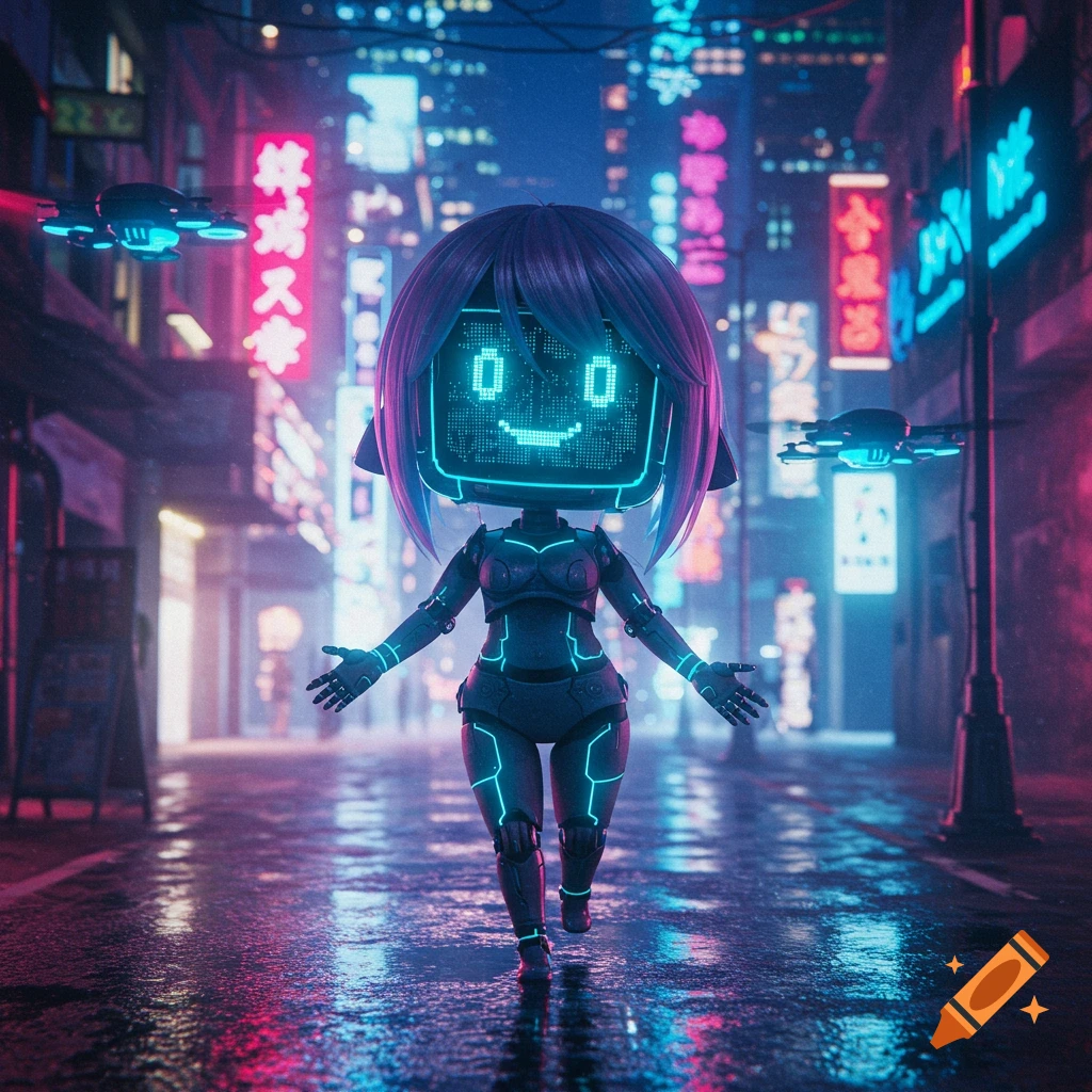 A chibi-style gynoid with a screen face and purple hair walks in a neon-lit cyberpunk city with drones flying.