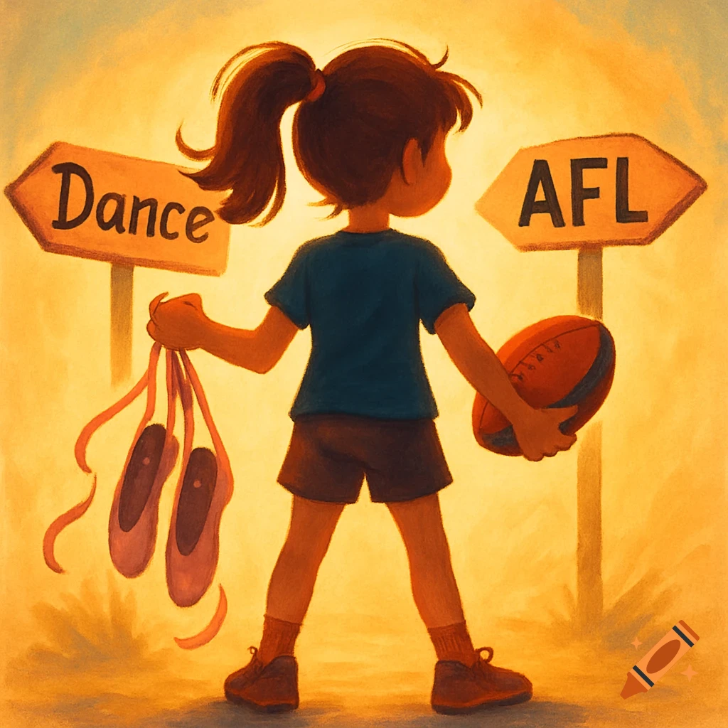 Cartoon girl from behind, holding ballet shoes and a football, standing between signs for Dance and AFL.
