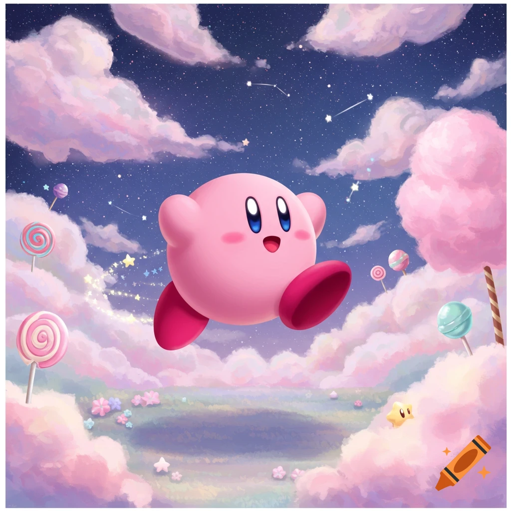 Kirby floats happily in a dreamy sky filled with pink clouds, stars, lollipops, and cotton candy trees, in a whimsical cartoon style.