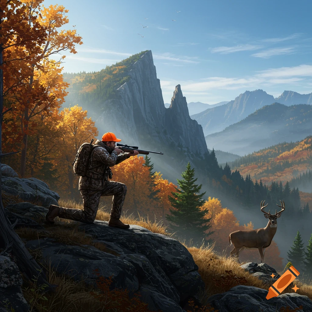 A hunter in camouflage and an orange hat kneels, aiming a rifle at a deer in a photorealistic autumn mountain landscape.