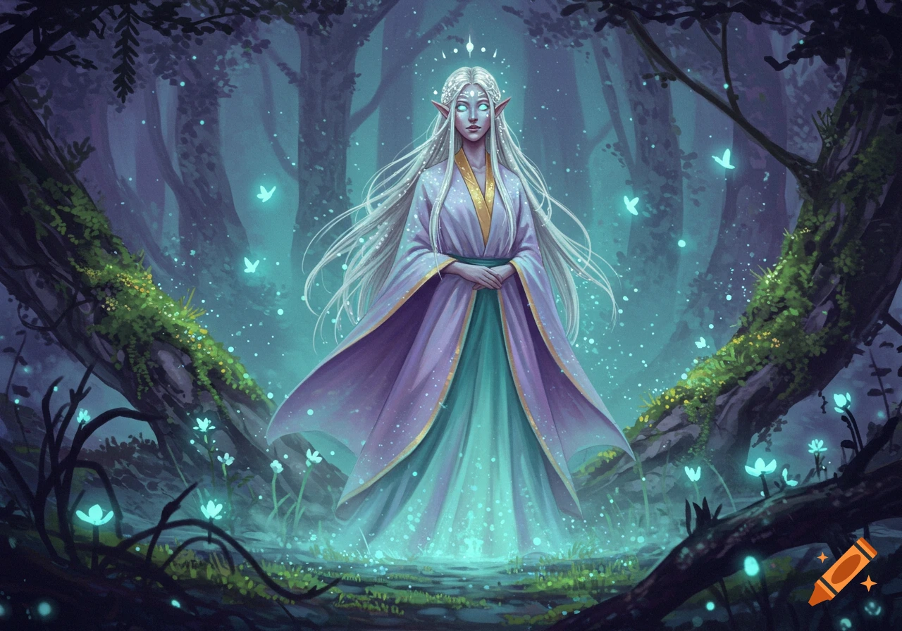 Ethereal elf woman with glowing eyes and white hair in a flowing gown, standing in a magical dark forest with glowing plants.