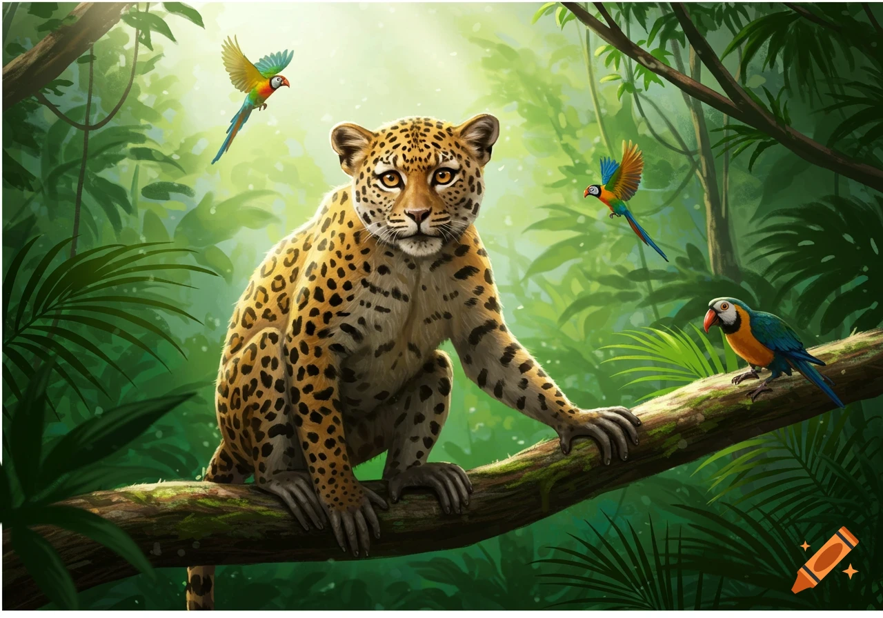 An illustrated leopard-like creature with primate-like hands sits on a tree branch in a lush jungle with colorful parrots.