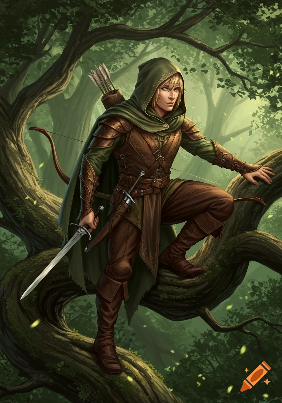 A fair-haired male elf in leather armor with a sword and bow, standing on a tree branch in a lush forest.